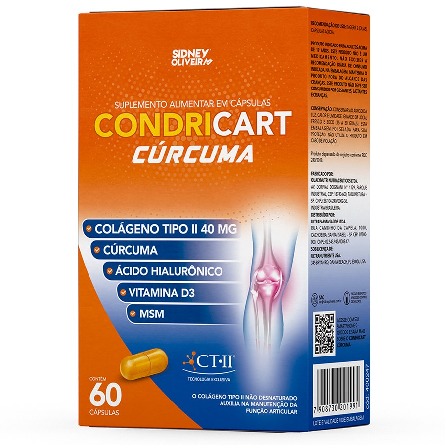 Colágeno Tipo Il+Cúrcuma+Ácido Hialurônico+Vit D3+Msm Condricart Cúrcuma 60 Cápsulas